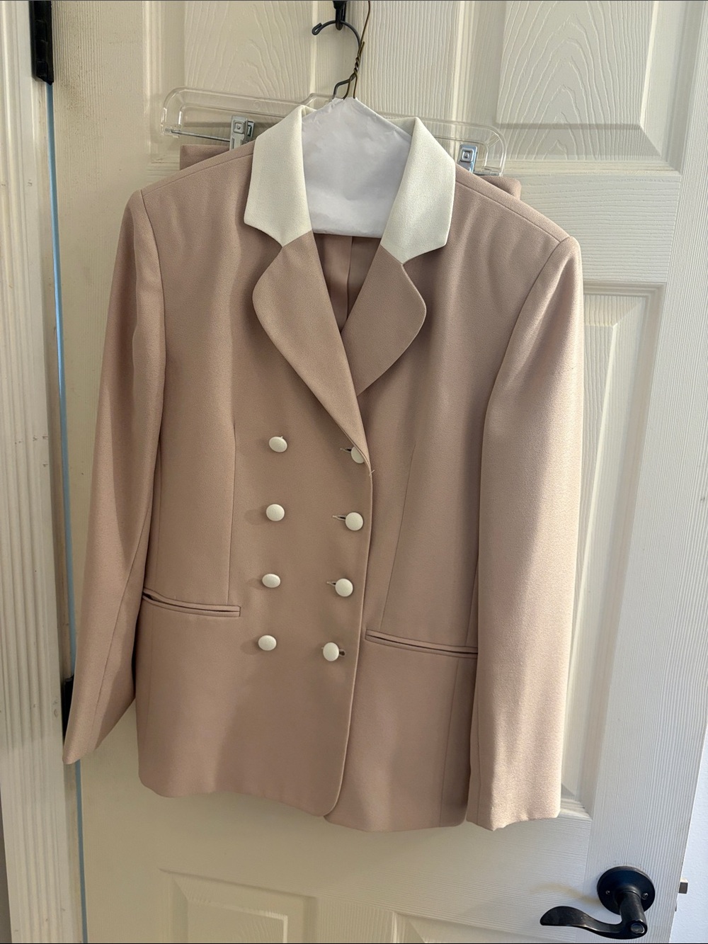 Beige Double-Breasted Blazer and skirt with White Contrast Collar